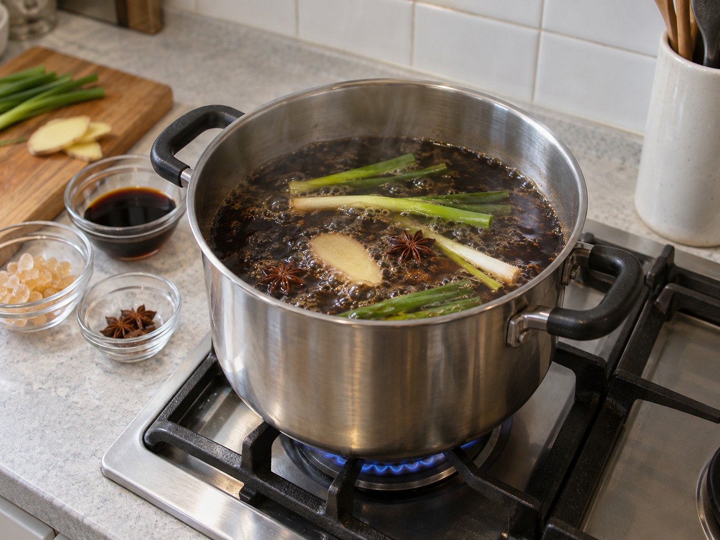 新加坡豉油雞撈麵 — 深鍋加入清水、豉油、糖、八角、薑和蔥煮滾