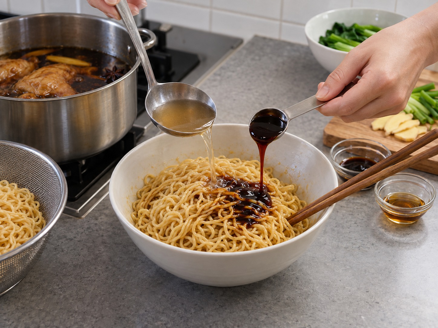 新加坡豉油雞撈麵 — 麵條瀝乾,拌入芝麻油、蠔油和少量雞滷汁