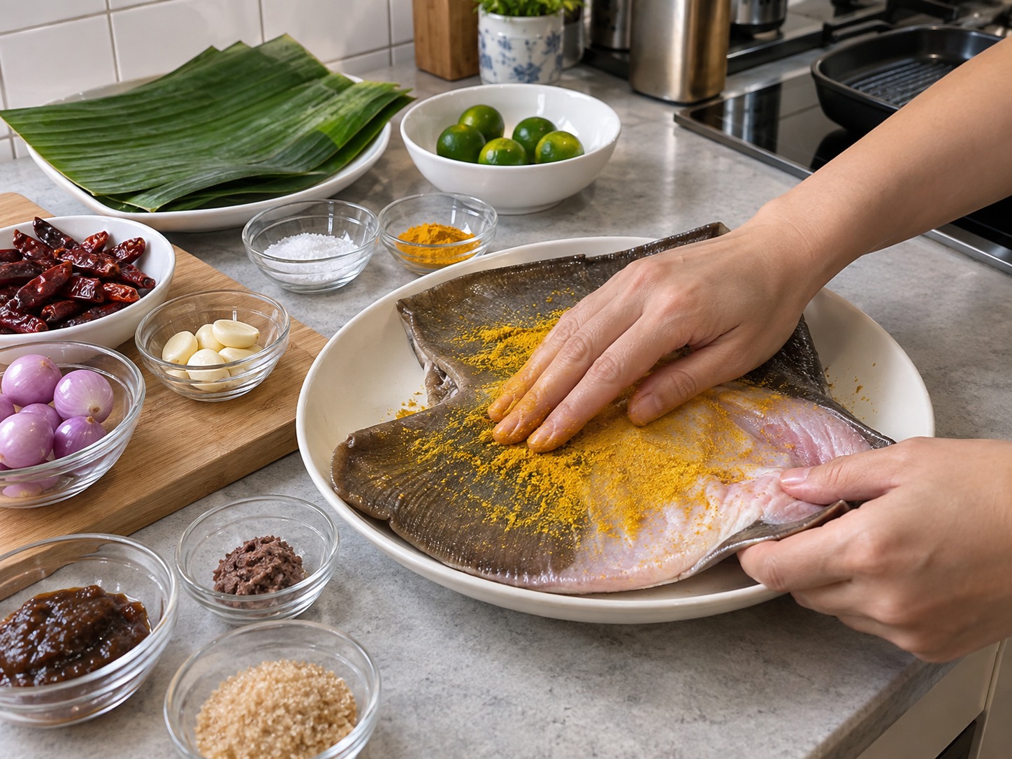 新加坡參巴烤魔鬼魚 — 以鹽和薑黃粉抹勻魚件