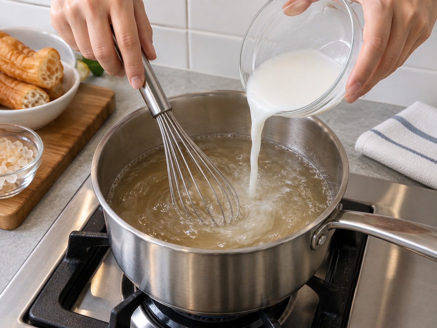 Singaporean Tau Suan — Pour slurry slowly into syrup while whisking