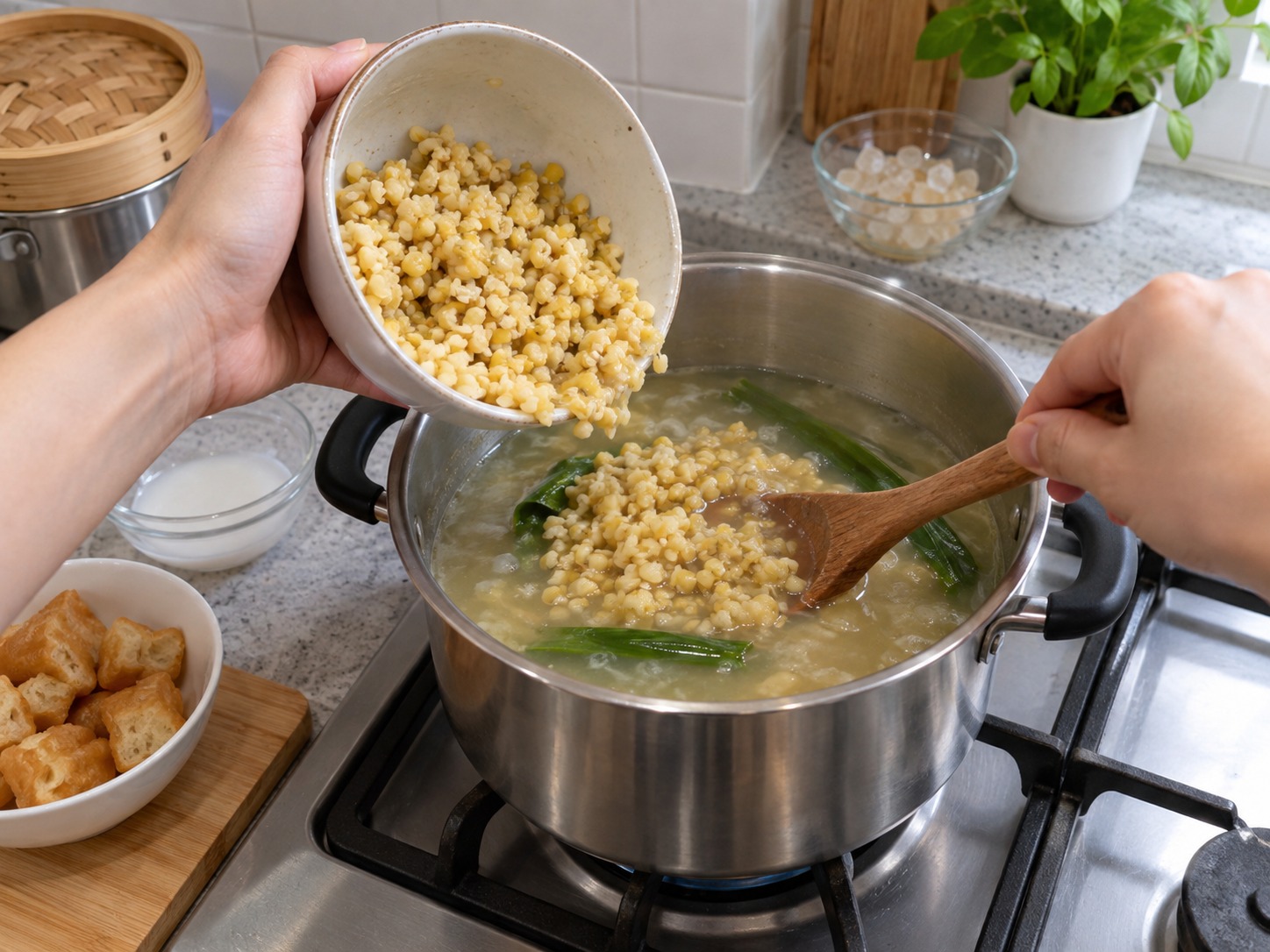 Singaporean Tau Suan — Gently fold in steamed mung beans