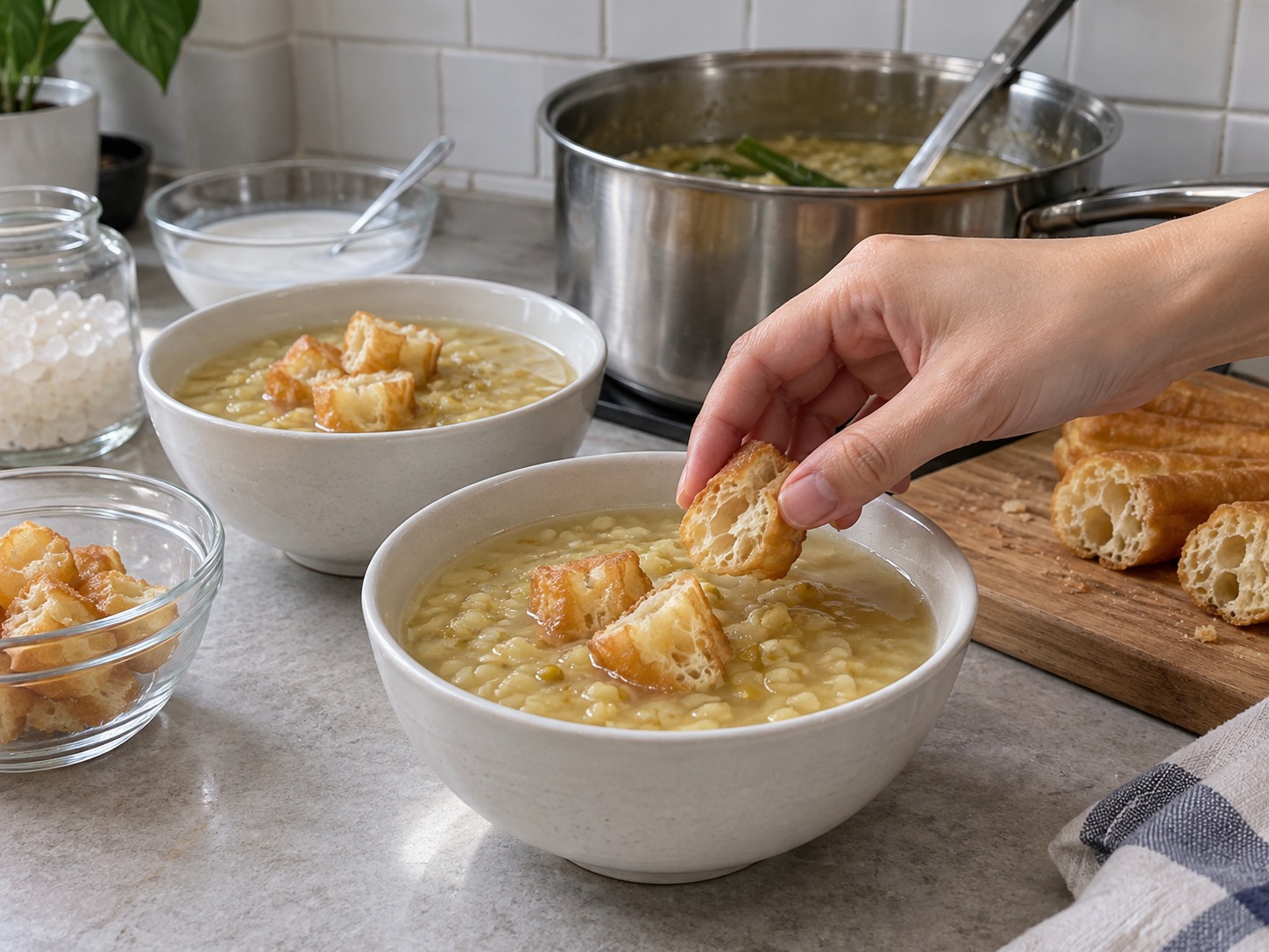 Singaporean Tau Suan — Ladle into bowls and top with sliced fried dough