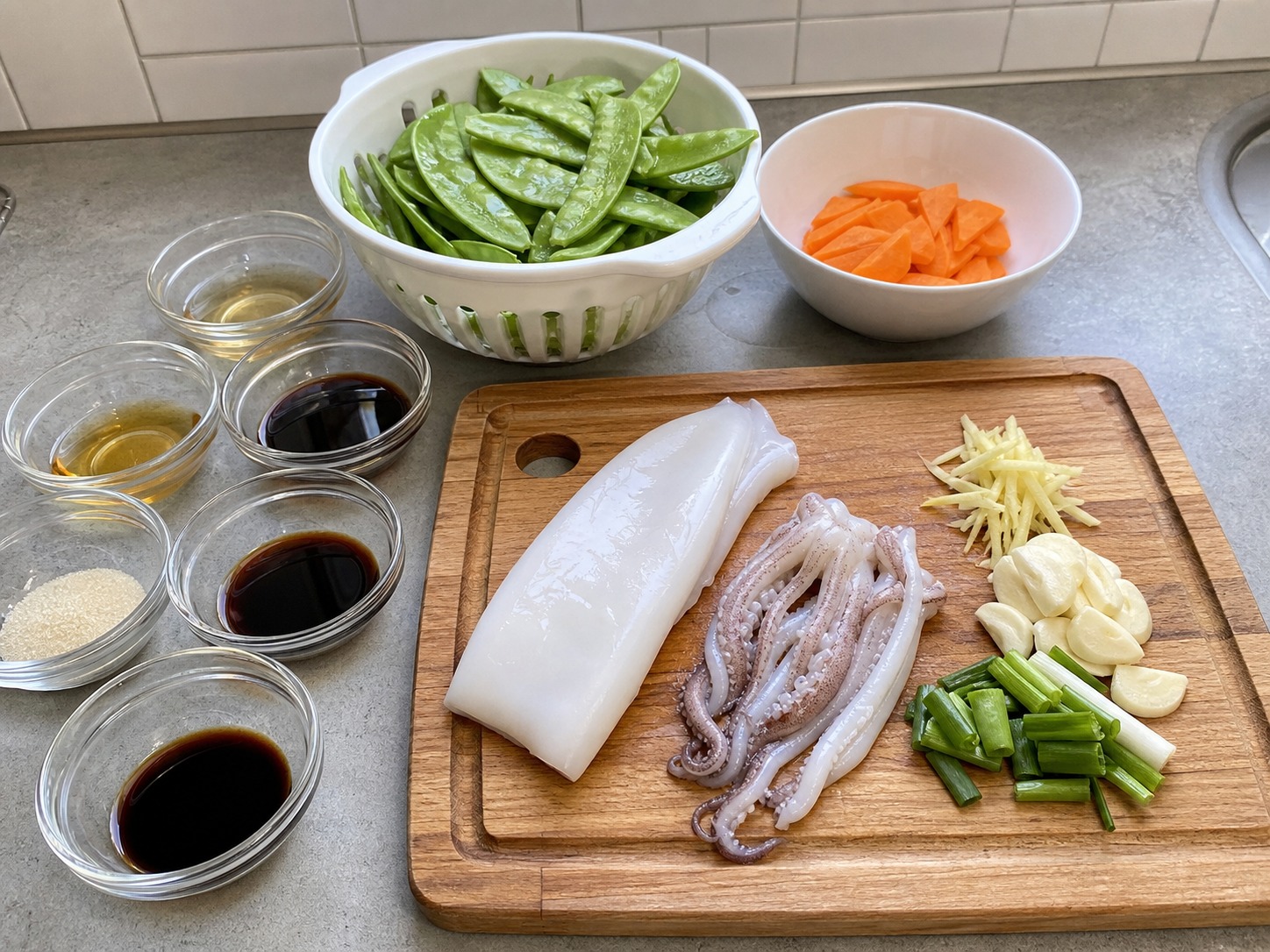 荷蘭豆炒鮮魷:準備鮮魷、荷蘭豆、紅蘿蔔、薑、蒜、蔥及全部調味料。
