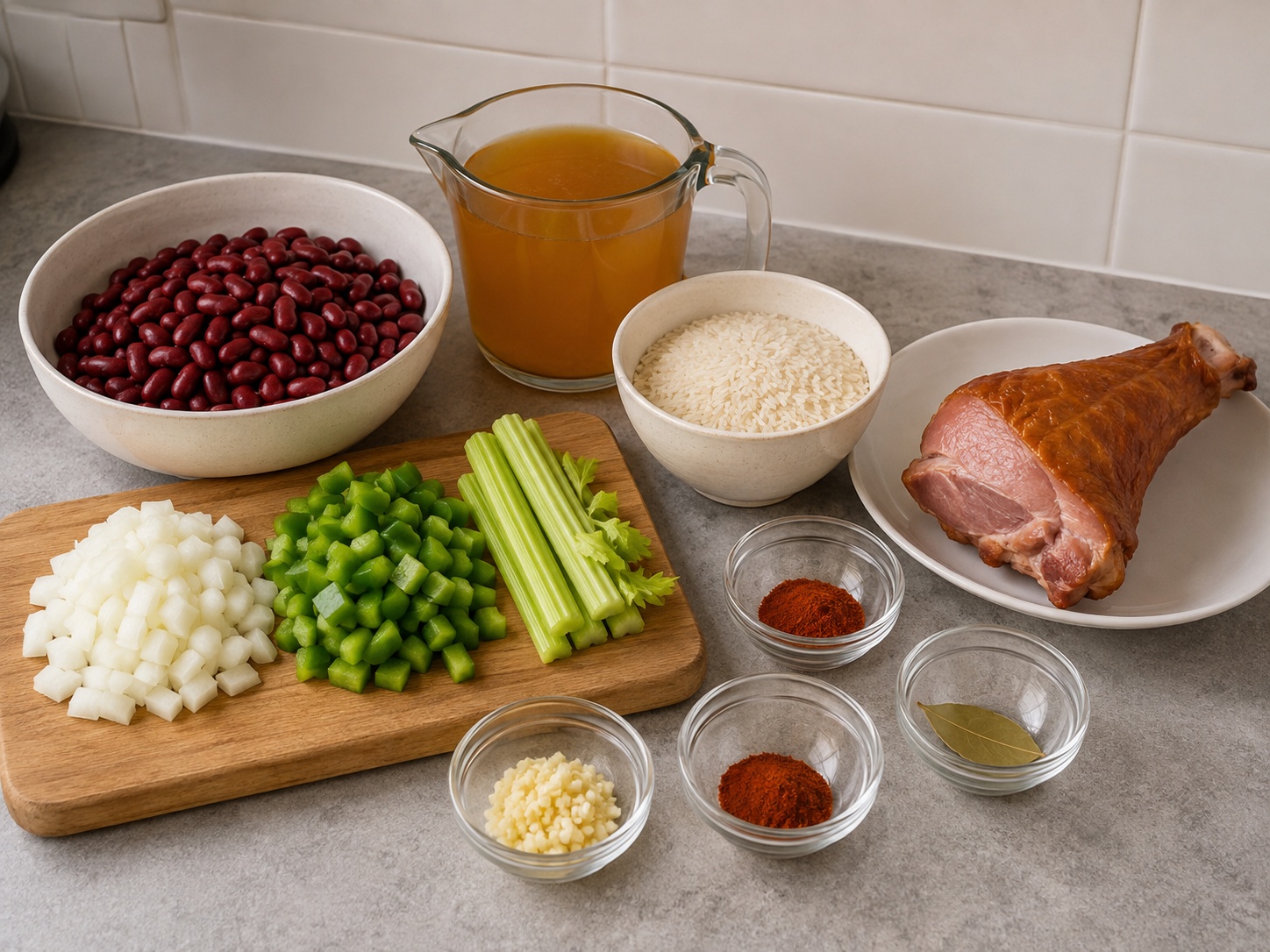 Nasi Kacang Merah Kalkun Asap Selatan Amerika: 400 g kacang merah kecil, 500 g kalkun asap, 250 g beras, 1 buah bawang bombai, 2 buah seledri besar, 1 buah paprika hijau, 3 buah bawang putih, 1000 ml kaldu ayam, 2 buah daun salam, 1 sdt paprika, 1 sdm minyak goreng
