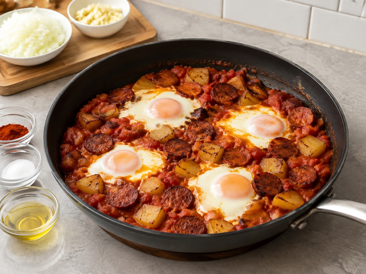 Spanish Baked Eggs with Chorizo and Potatoes — finished dish
