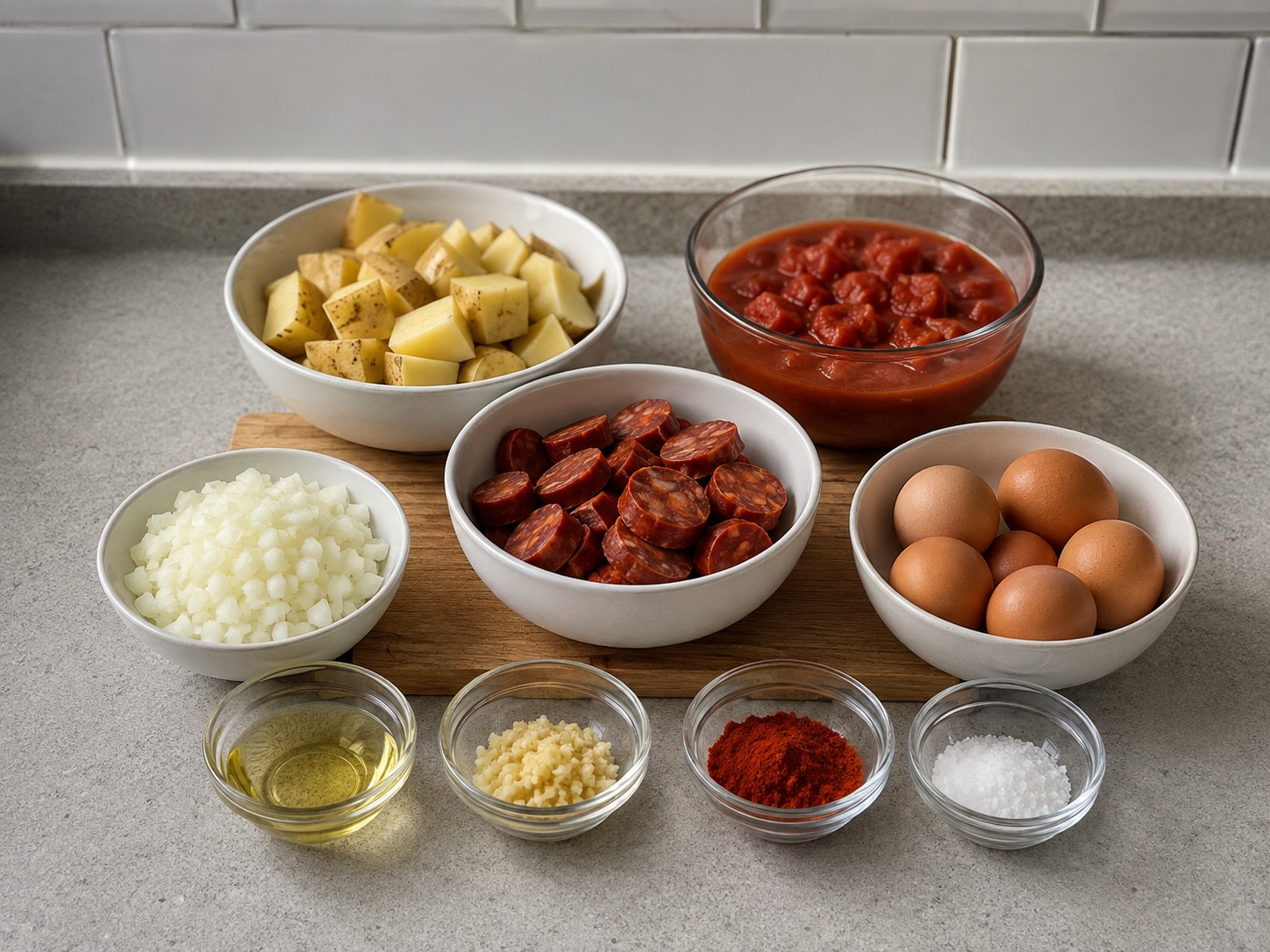 Spanish Baked Eggs with Chorizo and Potatoes — ingredients overview