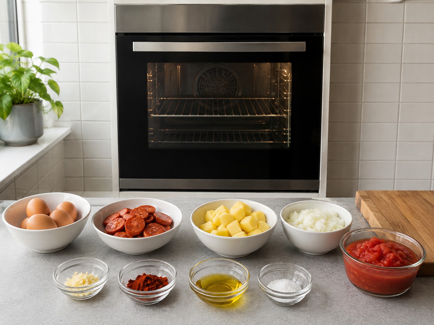 Spanish Baked Eggs with Chorizo and Potatoes — Preheat the oven to 200 degrees Celsius