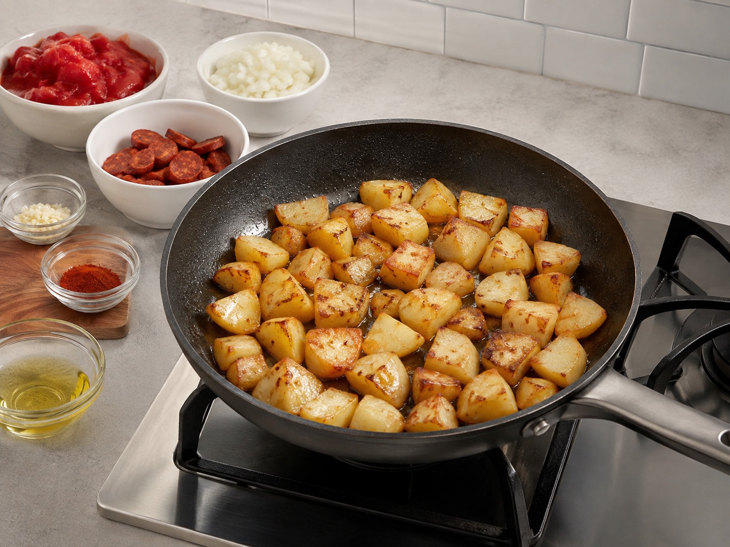 Spanish Baked Eggs with Chorizo and Potatoes — Fry potatoes until golden and tender