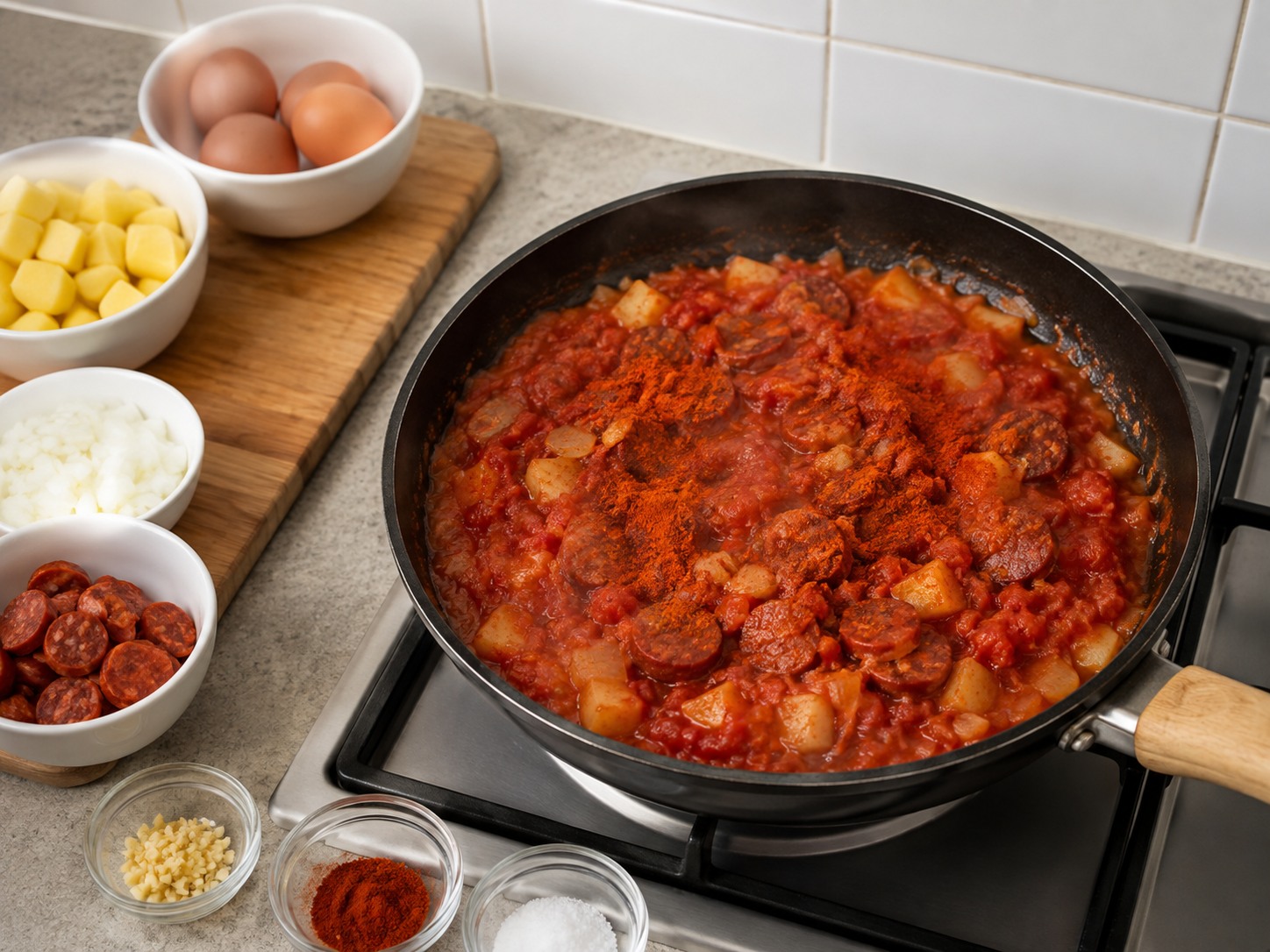 Spanish Baked Eggs with Chorizo and Potatoes — Add tomatoes and paprika and reduce