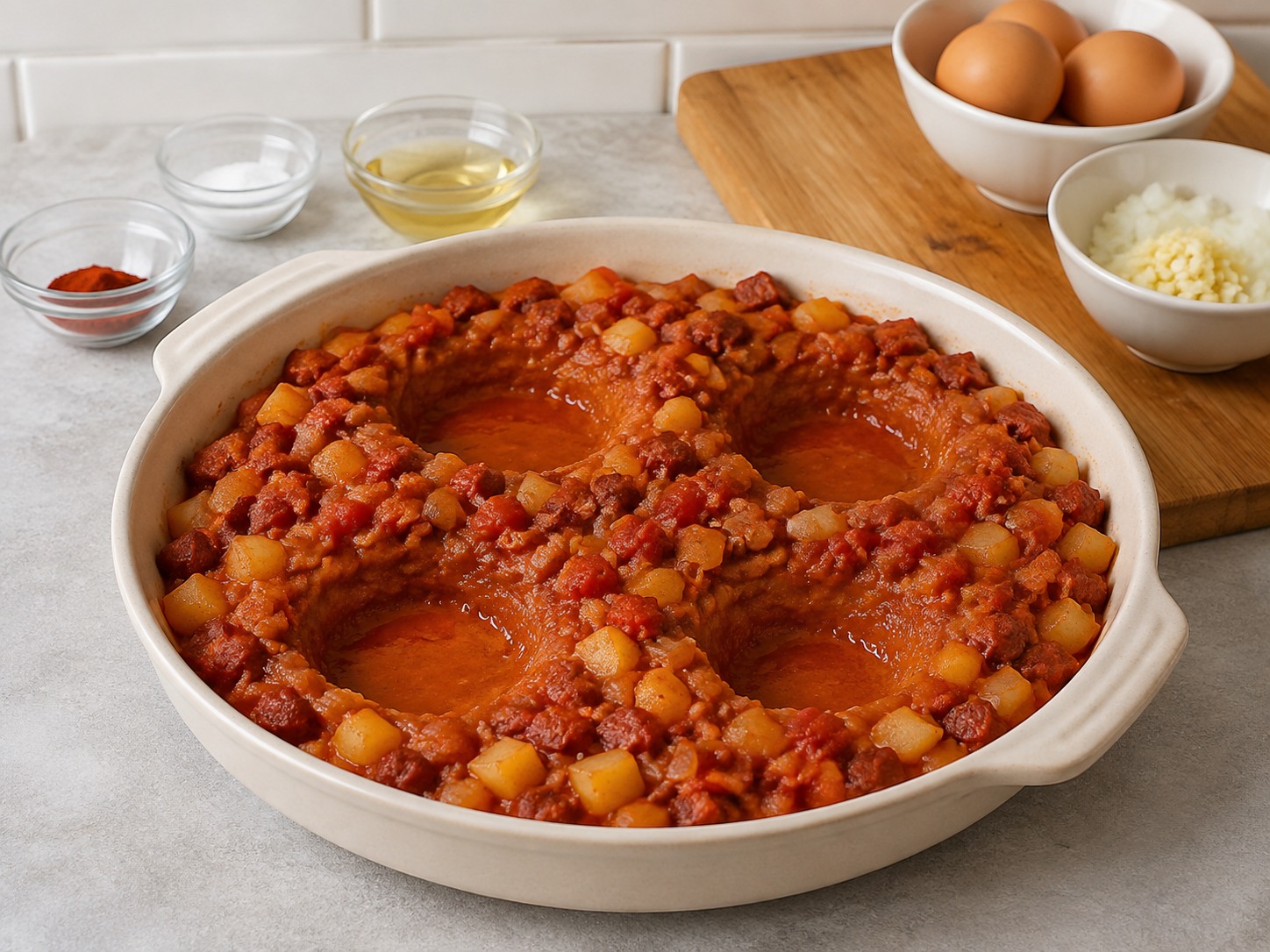 Spanish Baked Eggs with Chorizo and Potatoes — Transfer to dish and make four wells