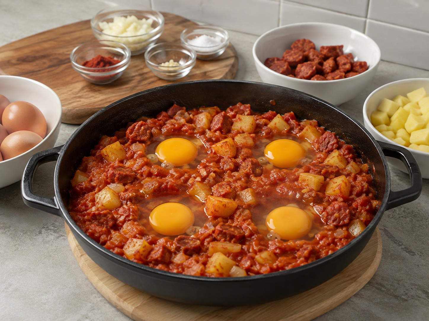 Spanish Baked Eggs with Chorizo and Potatoes — Crack one egg into each well