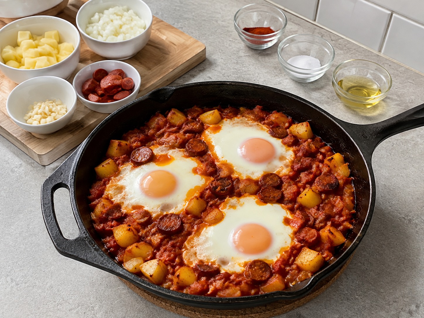 Spanish Baked Eggs with Chorizo and Potatoes — Bake until whites set and yolks stay soft