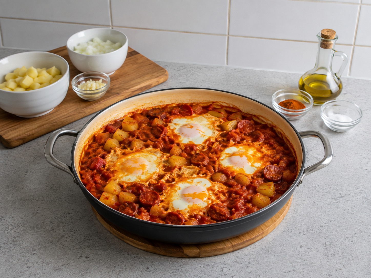 Spanish Baked Eggs with Chorizo and Potatoes — Rest for two minutes before serving