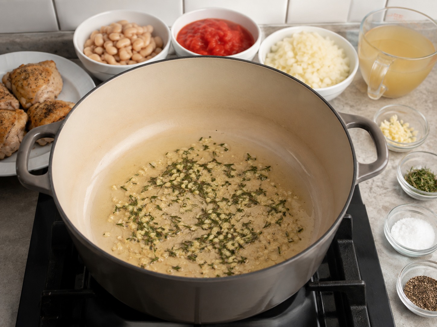 Semur Ayam Kacang Putih Rosemary Spanyol — Tumis bawang putih dan rosemary hingga harum