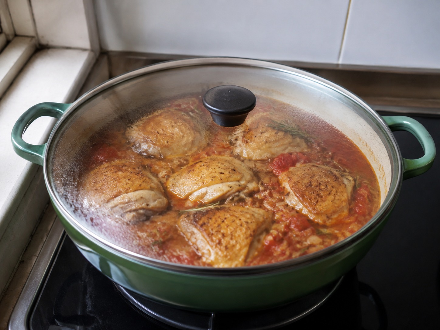 Semur Ayam Kacang Putih Rosemary Spanyol — Masukkan kembali ayam, tutup, dan masak