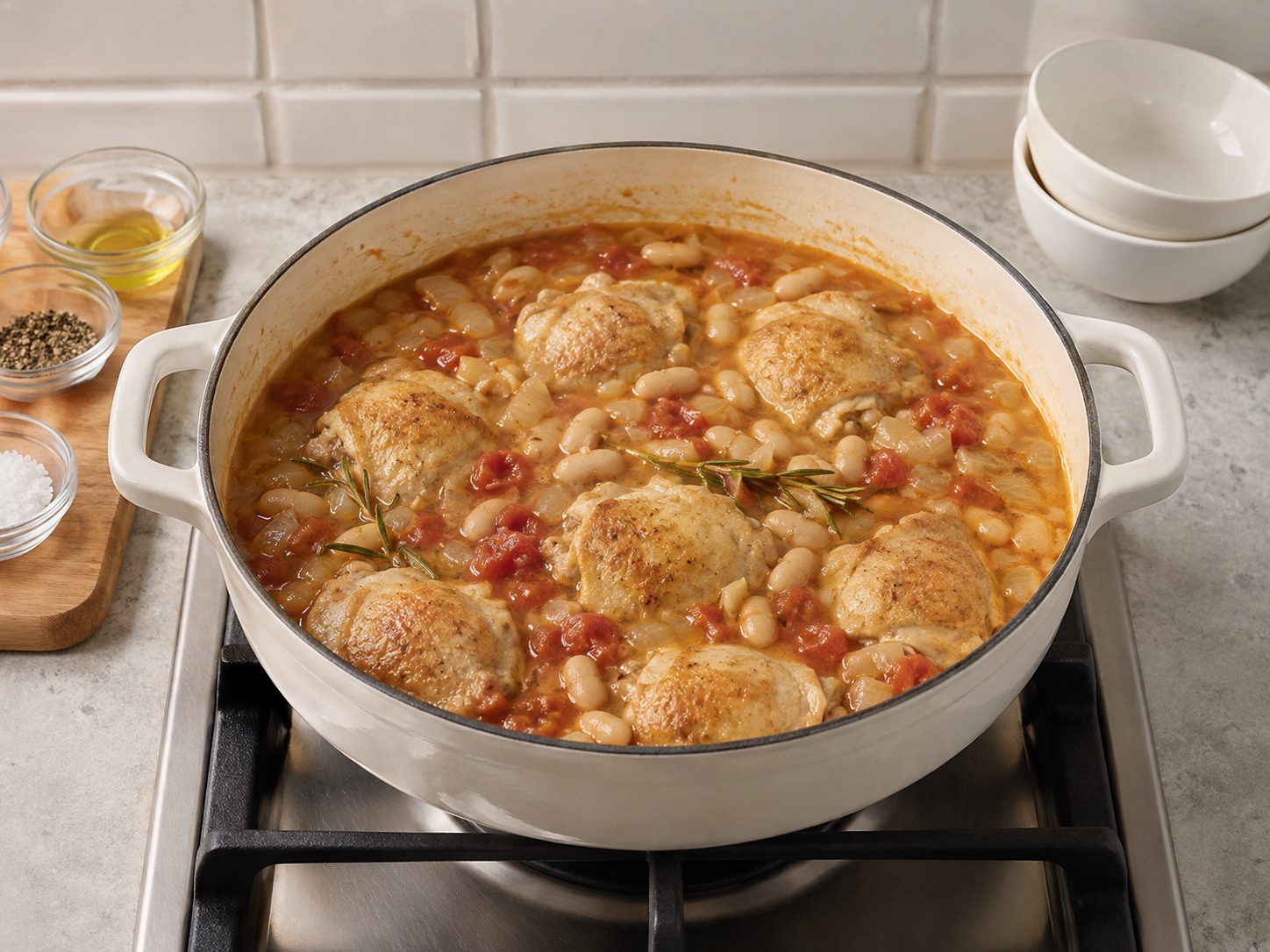 Semur Ayam Kacang Putih Rosemary Spanyol — Masak tanpa tutup sepuluh menit