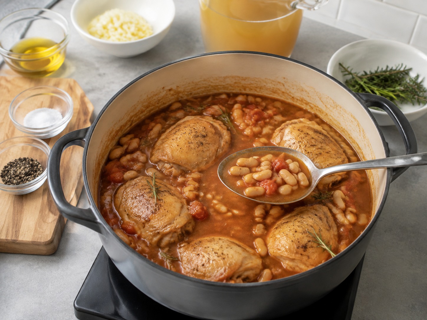 Semur Ayam Kacang Putih Rosemary Spanyol — Pastikan ayam matang dan kacang utuh