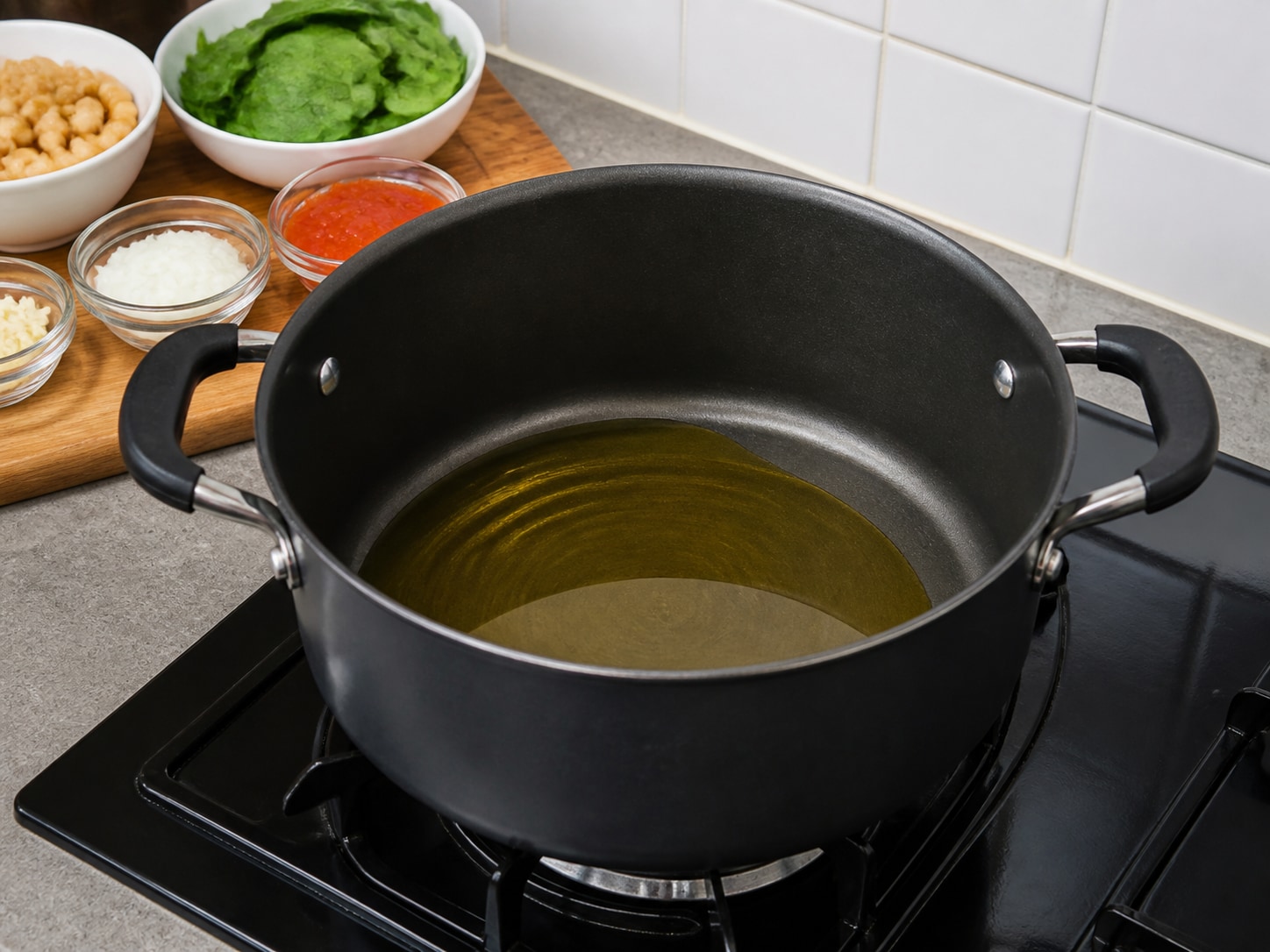西班牙菠菜鷹嘴豆燉鍋第5步「溫熱橄欖油」：在深鍋以中火加熱全部 2 湯匙橄欖油，至油變流動及閃亮但不冒煙。