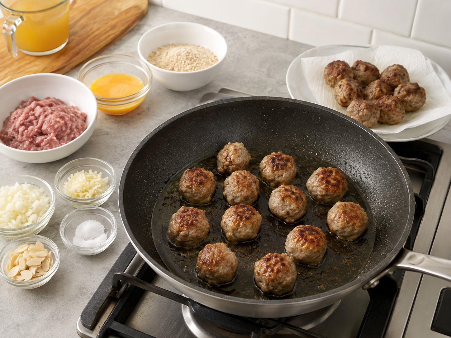 Spanish Pork Meatballs sa Almond Sauce — Kulayan nang kayumanggi ang meatballs nang pangkat-pangkat