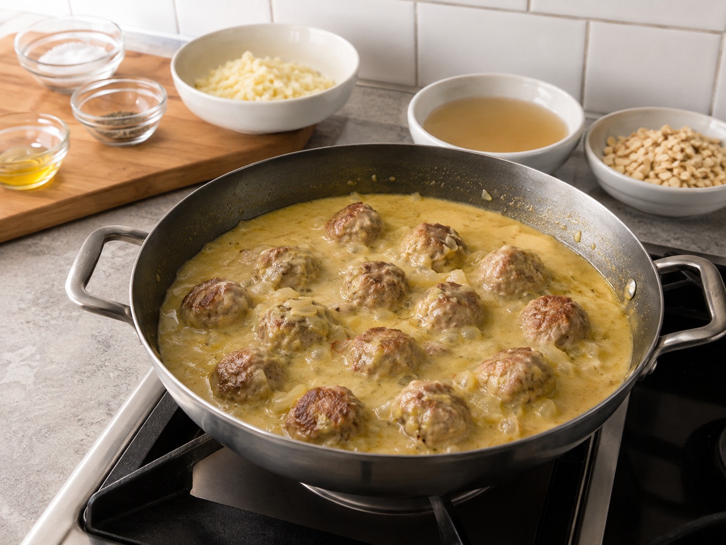 Spanish Pork Meatballs sa Almond Sauce — Ibalik ang meatballs at pakuluan nang marahan