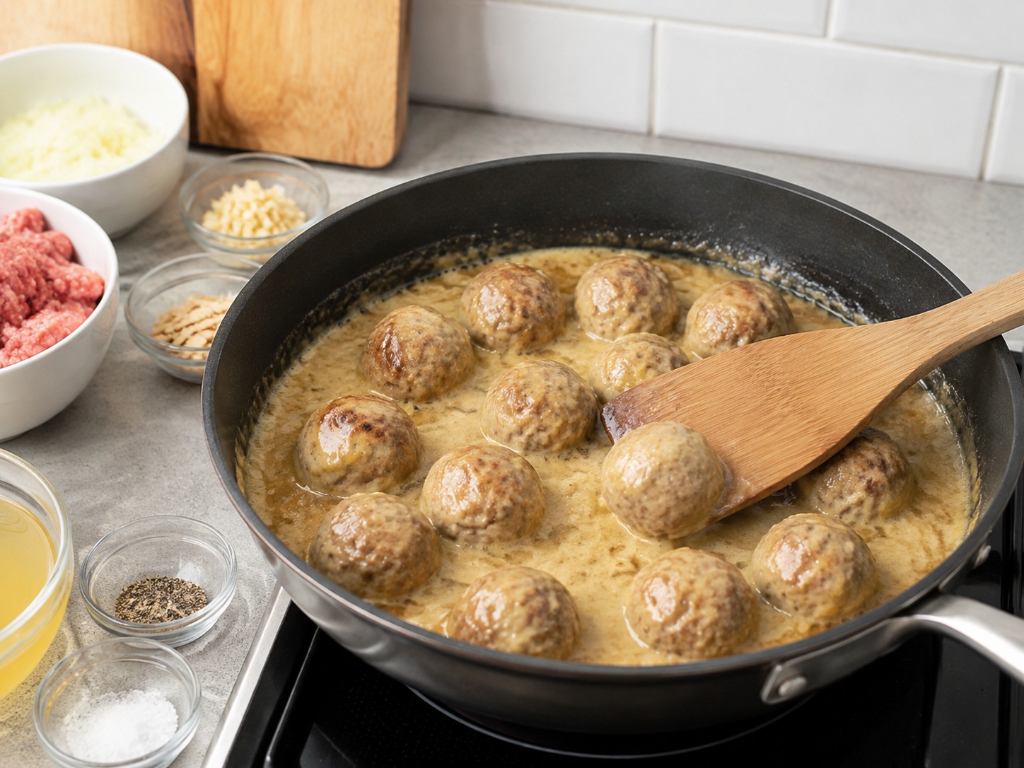 Spanish Pork Meatballs sa Almond Sauce — Baligtarin ang meatballs para mabalot nang pantay