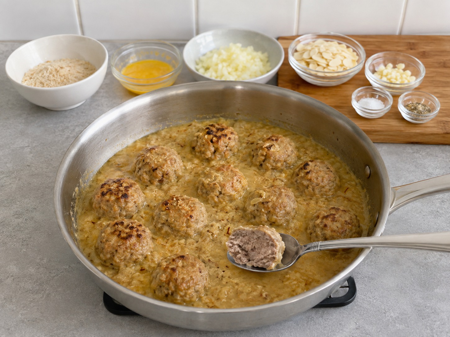 Spanish Pork Meatballs sa Almond Sauce — Tiyaking luto ang gitna ng meatballs