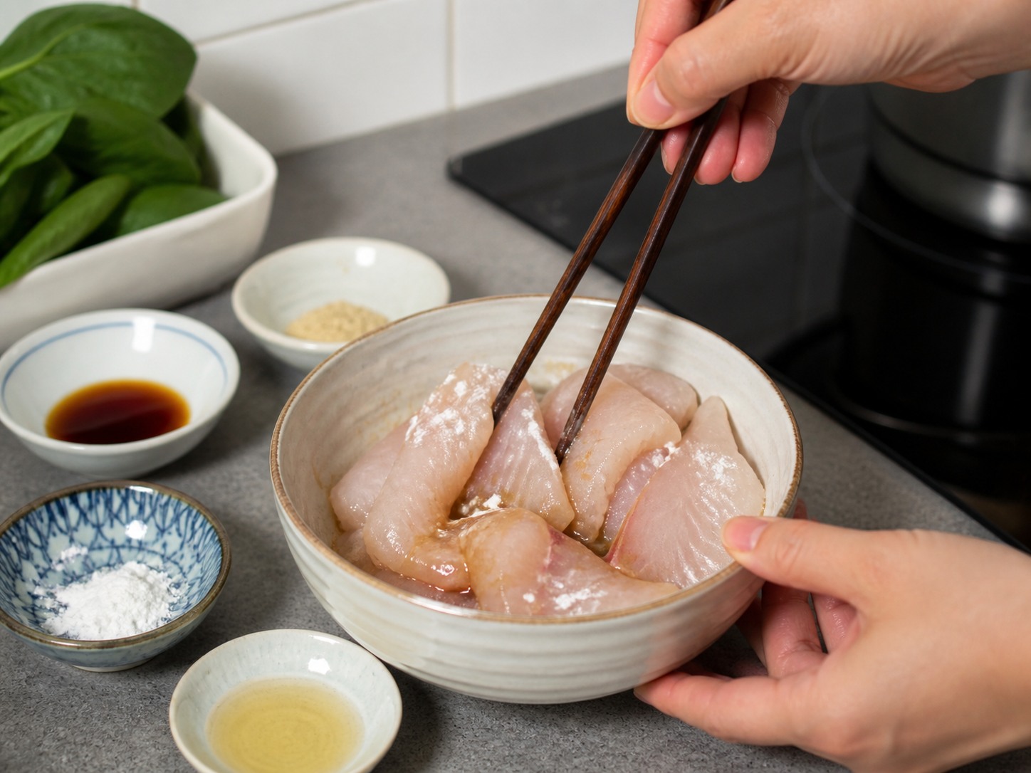 菠菜魚片豆腐湯：醃魚片