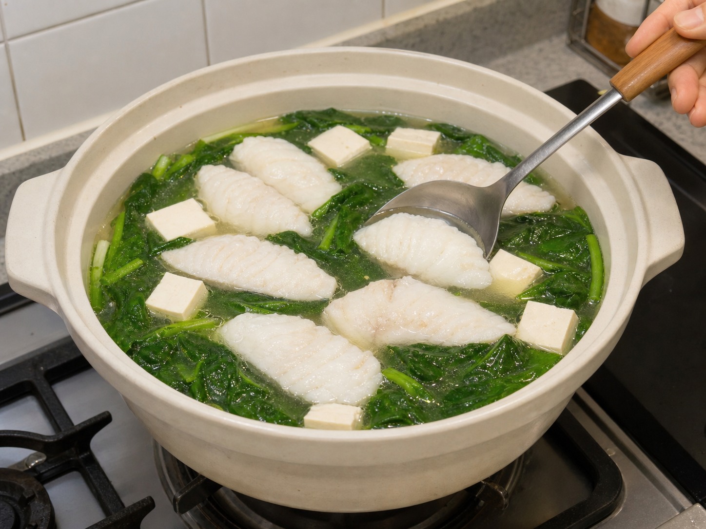 菠菜魚片豆腐湯：煮熟魚片並調味