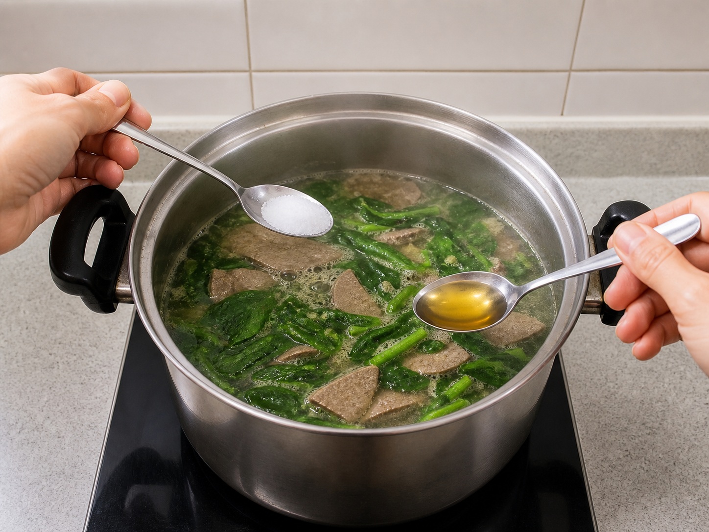 Spinach and Pork Liver Soup — Season the soup
