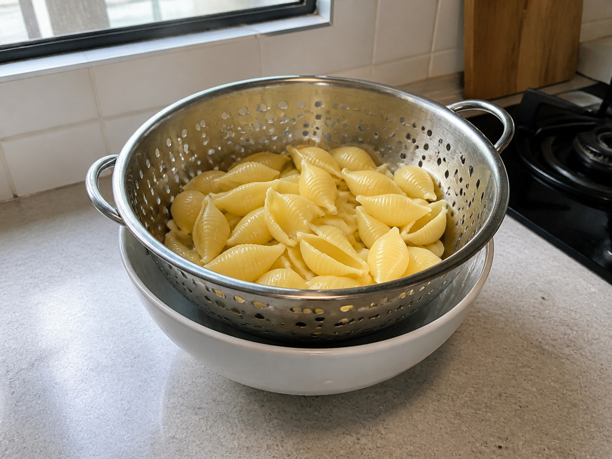 Pasta Kerang Isi Bayam dan Ricotta: Tiriskan