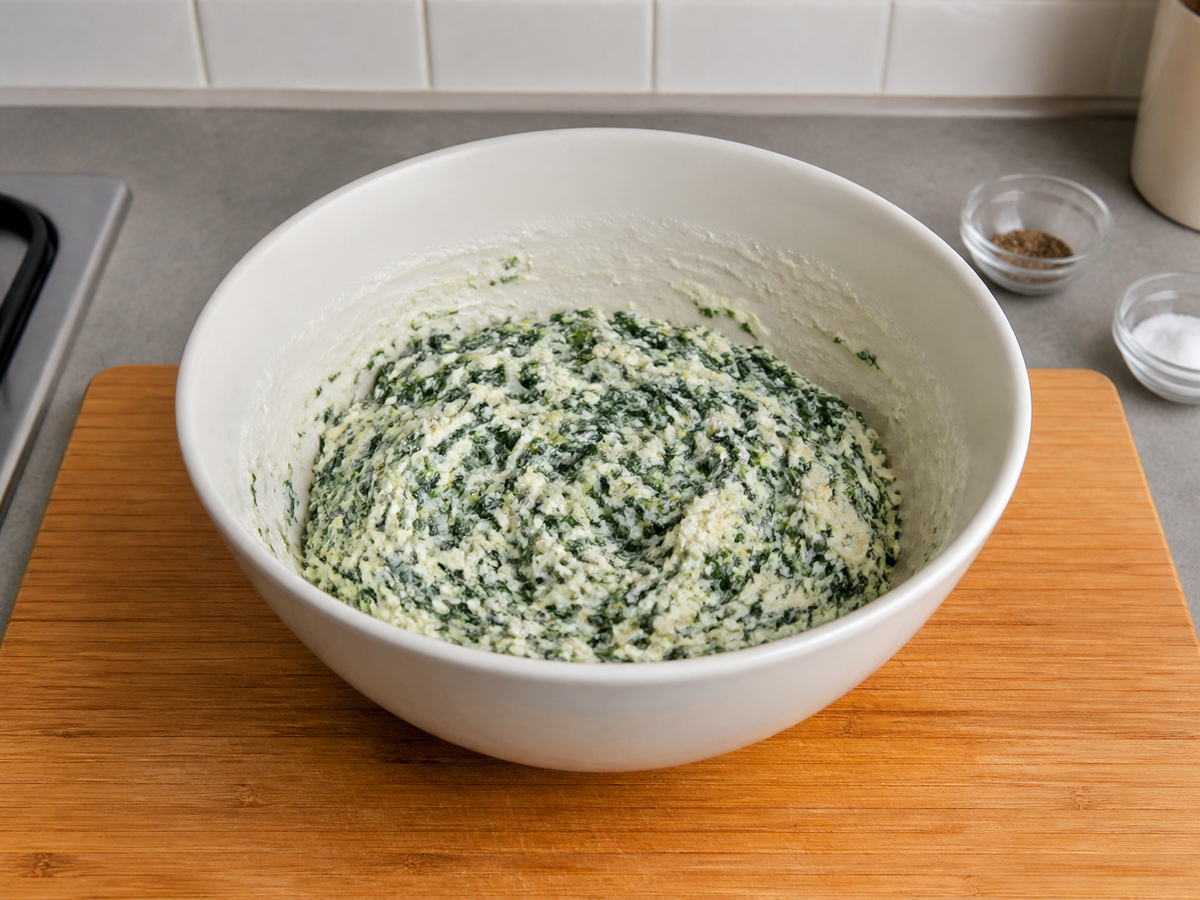 Pasta Kerang Isi Bayam dan Ricotta: Campur rata