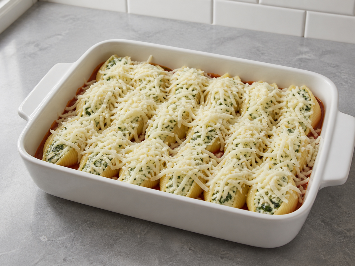 Pasta Kerang Isi Bayam dan Ricotta: Masukkan bahan