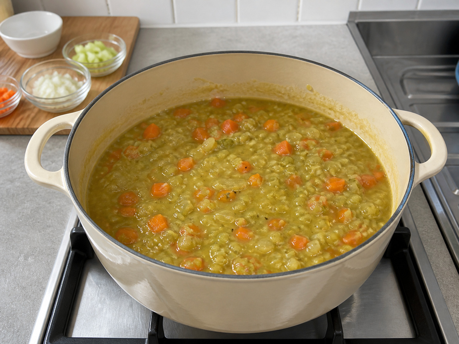 Didihkan sampai kacang hancur: Tutup sedikit terbuka dan masak dengan api kecil selama 60 menit sampai kacang hancur menjadi puree kental dan sayuran sangat lunak.