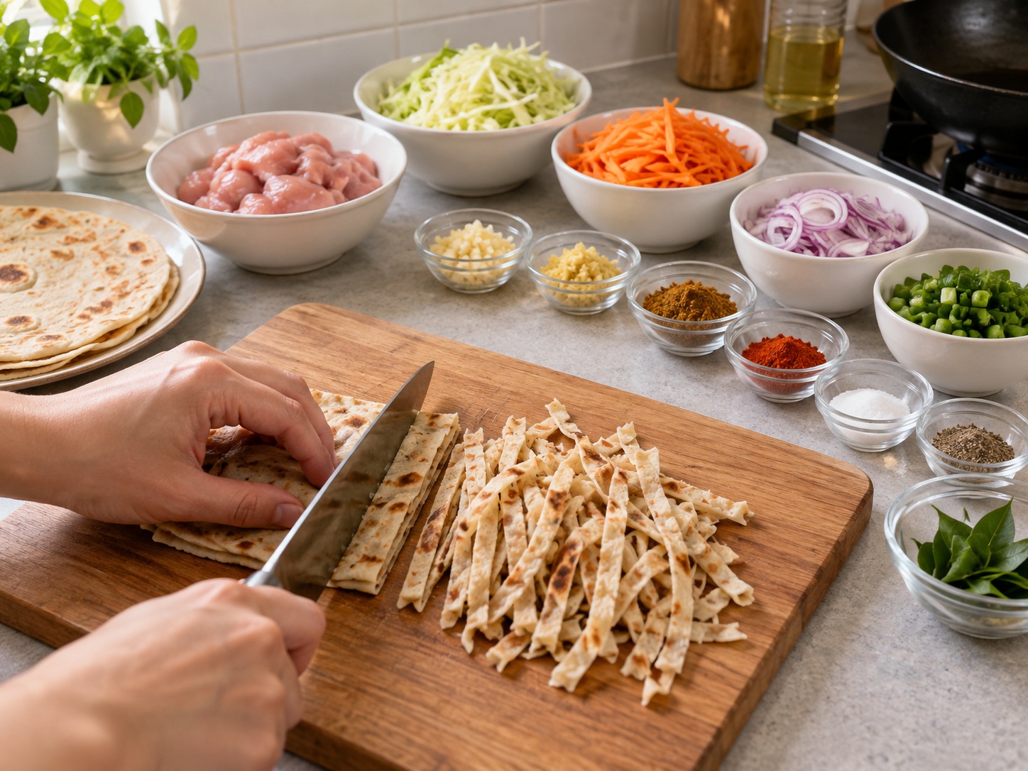Kottu Roti Ayam Sri Lanka — Potong roti matang
