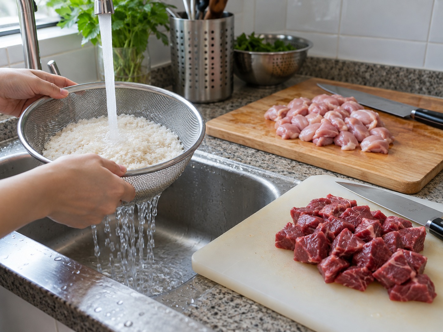 斯里蘭卡香蕉葉焗飯 — 米洗淨，雞肉及牛肉切小塊