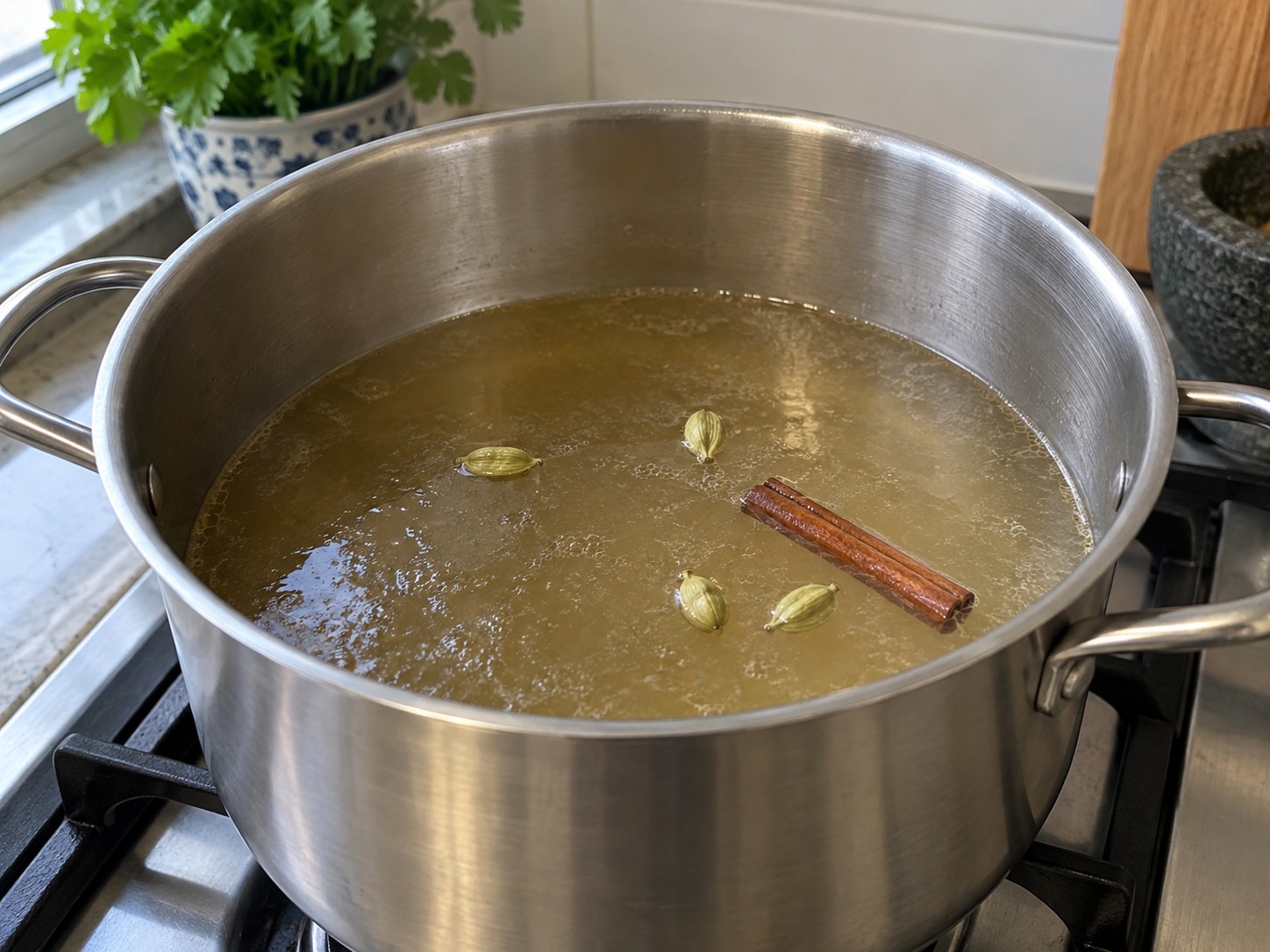 斯里蘭卡香蕉葉焗飯 — 雞湯加入小豆蔻和肉桂煮熱