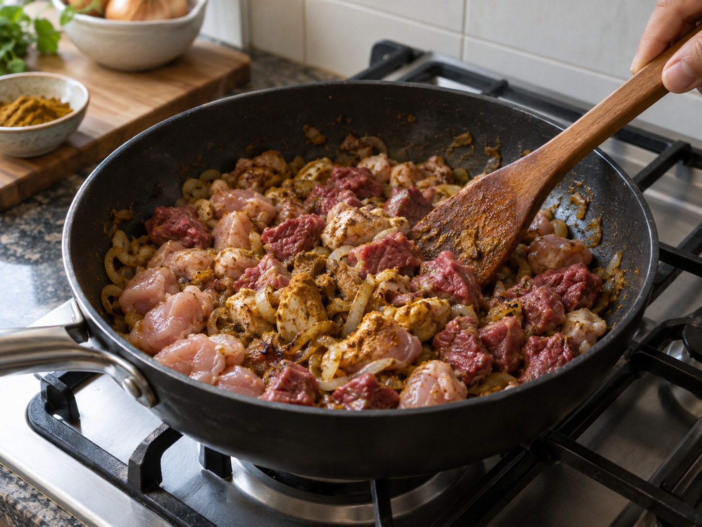 斯里蘭卡香蕉葉焗飯 — 加入雞肉與牛肉炒至表面轉色
