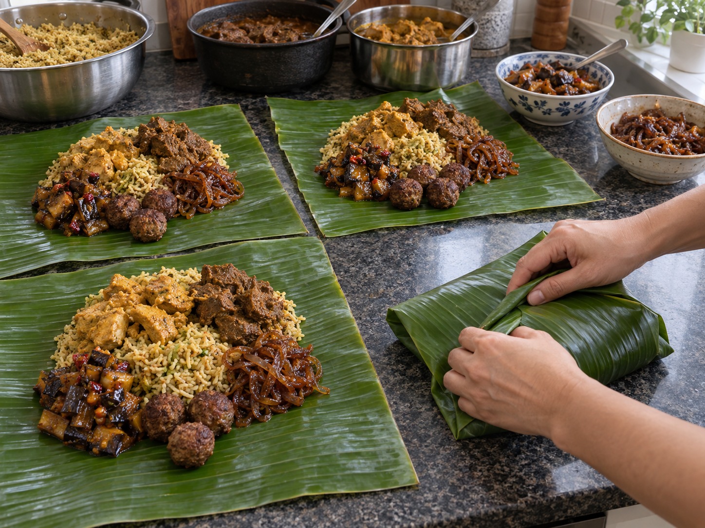斯里蘭卡香蕉葉焗飯 — 每葉放飯，旁邊分開放咖喱、茄子、洋蔥及肉丸，包緊