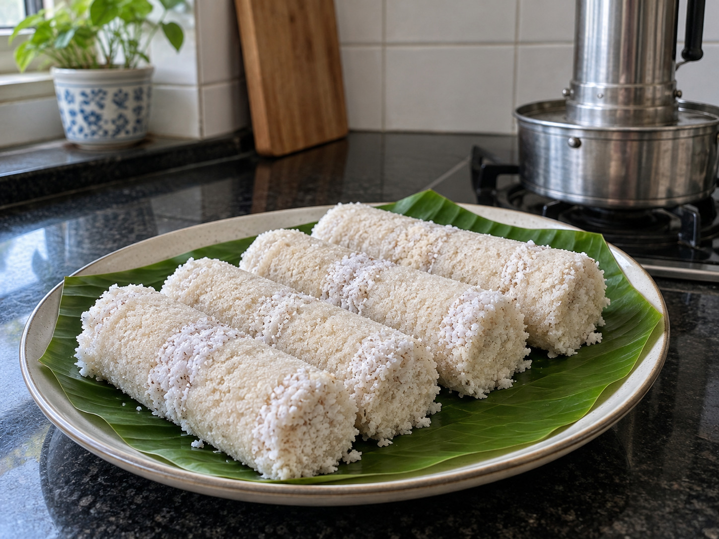 Sri Lankan Pittu na Bigas at Niyog — natapos na ulam