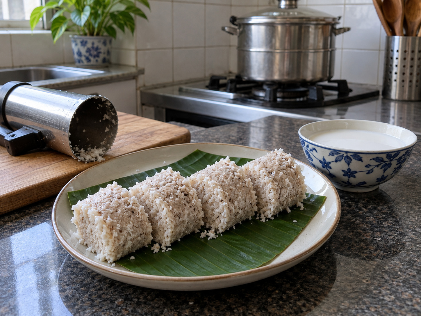 Sri Lankan Pittu na Bigas at Niyog — Itulak palabas at ihain sa gata