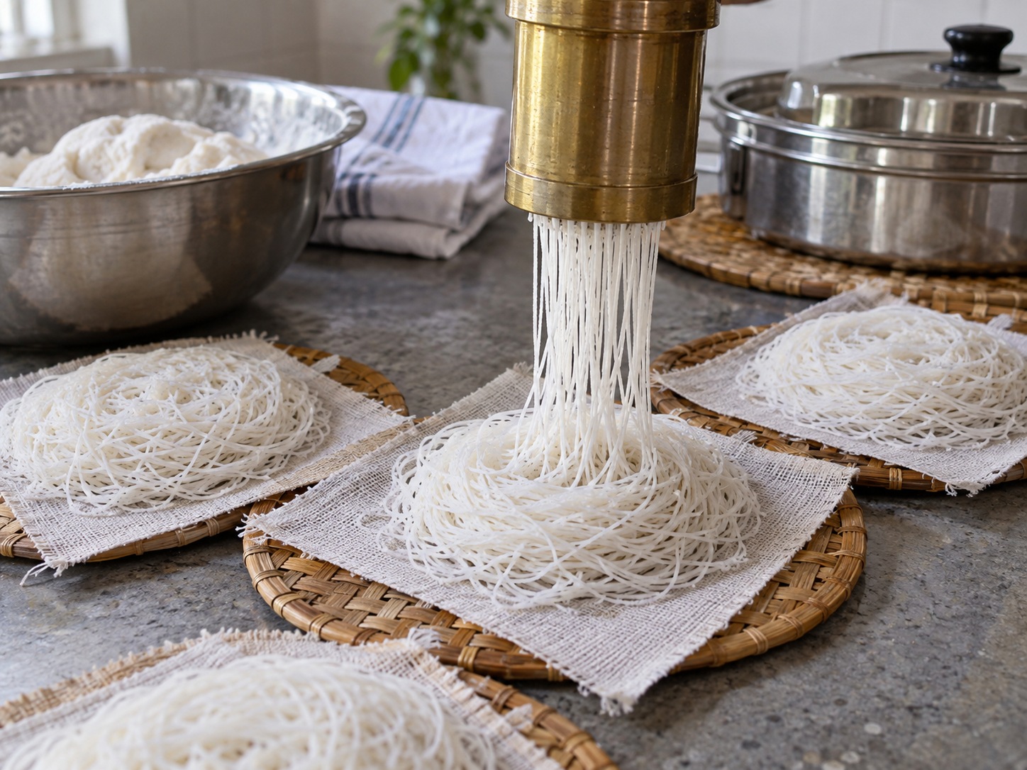 Sri Lankan String Hoppers na Pugad ng Noodles — Pigain ang noodles