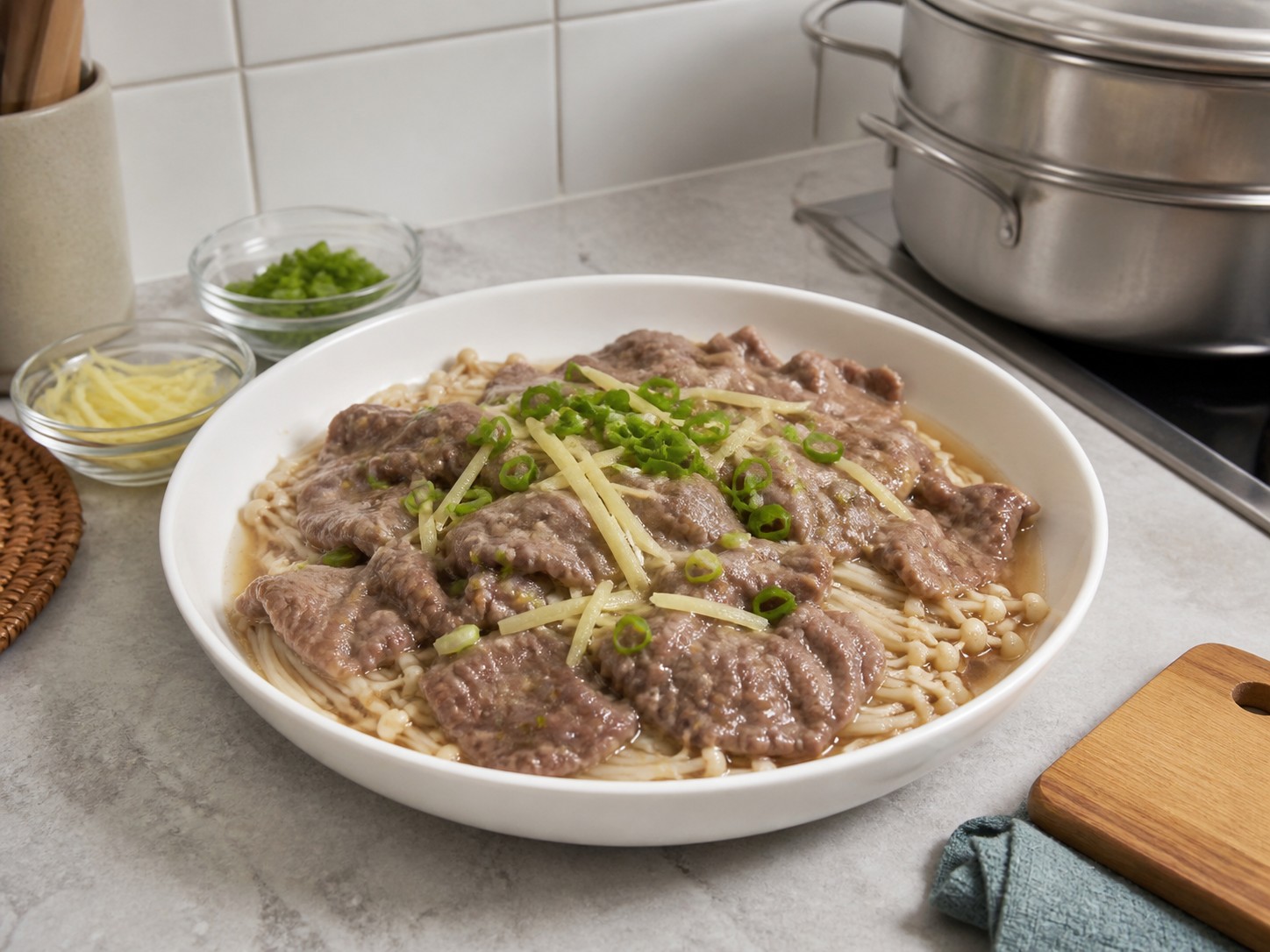Daging sapi kukus enoki yang sudah matang