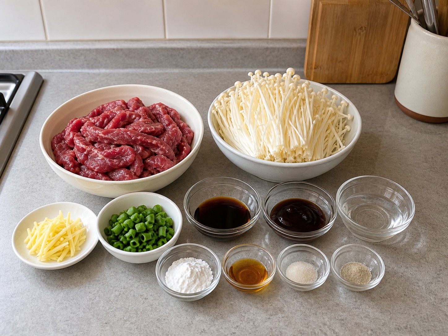 Ingredients for steamed beef with enoki mushrooms