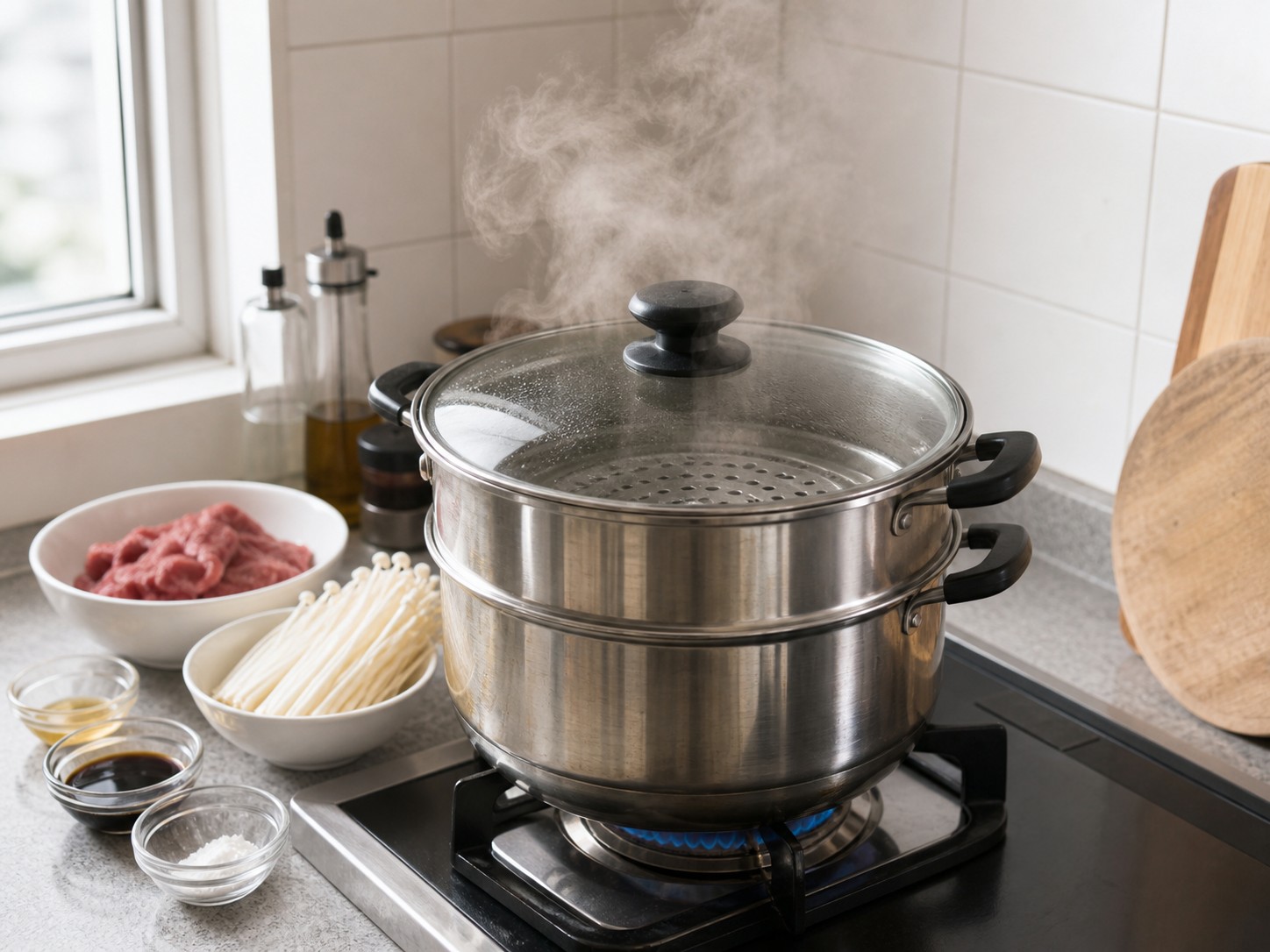 Steamed Beef with Enoki Mushrooms — Prepare the steamer