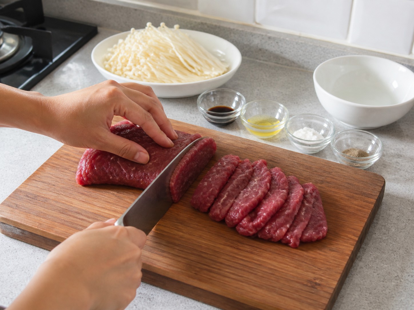 Steamed Beef with Enoki Mushrooms — Check and slice the beef