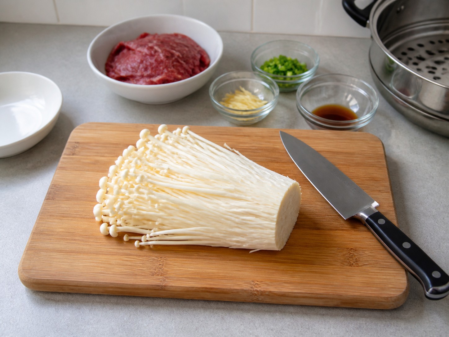 Steamed Beef with Enoki Mushrooms — Trim the enoki