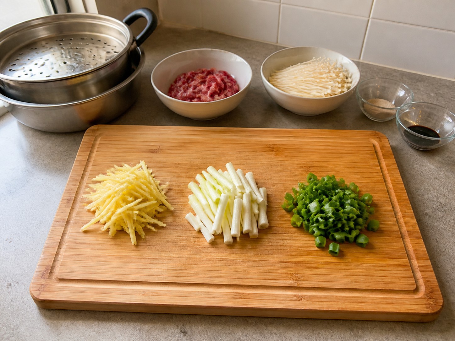 Steamed Beef with Enoki Mushrooms — Prepare ginger and spring onion