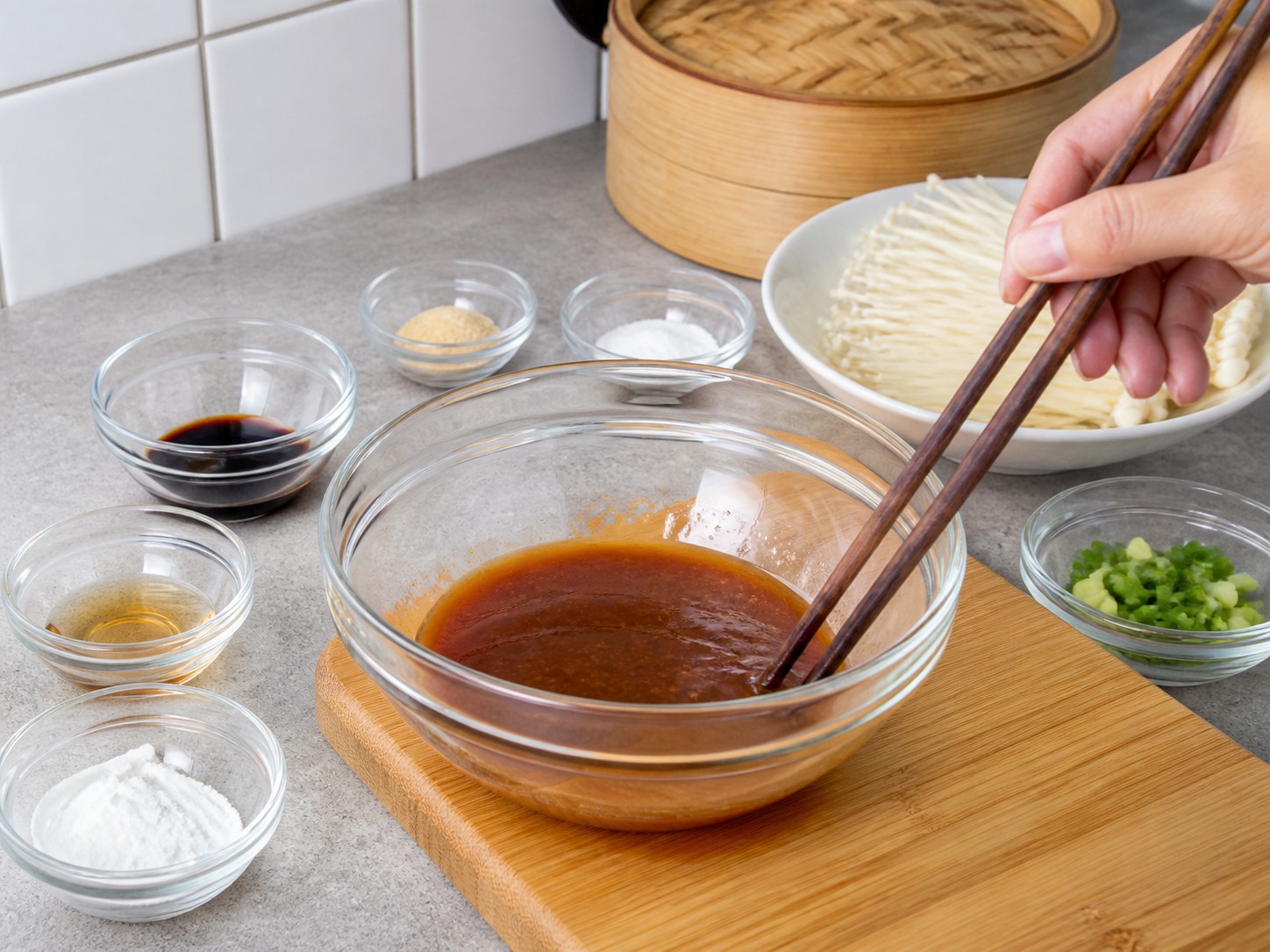 Steamed Beef with Enoki Mushrooms — Mix the marinade