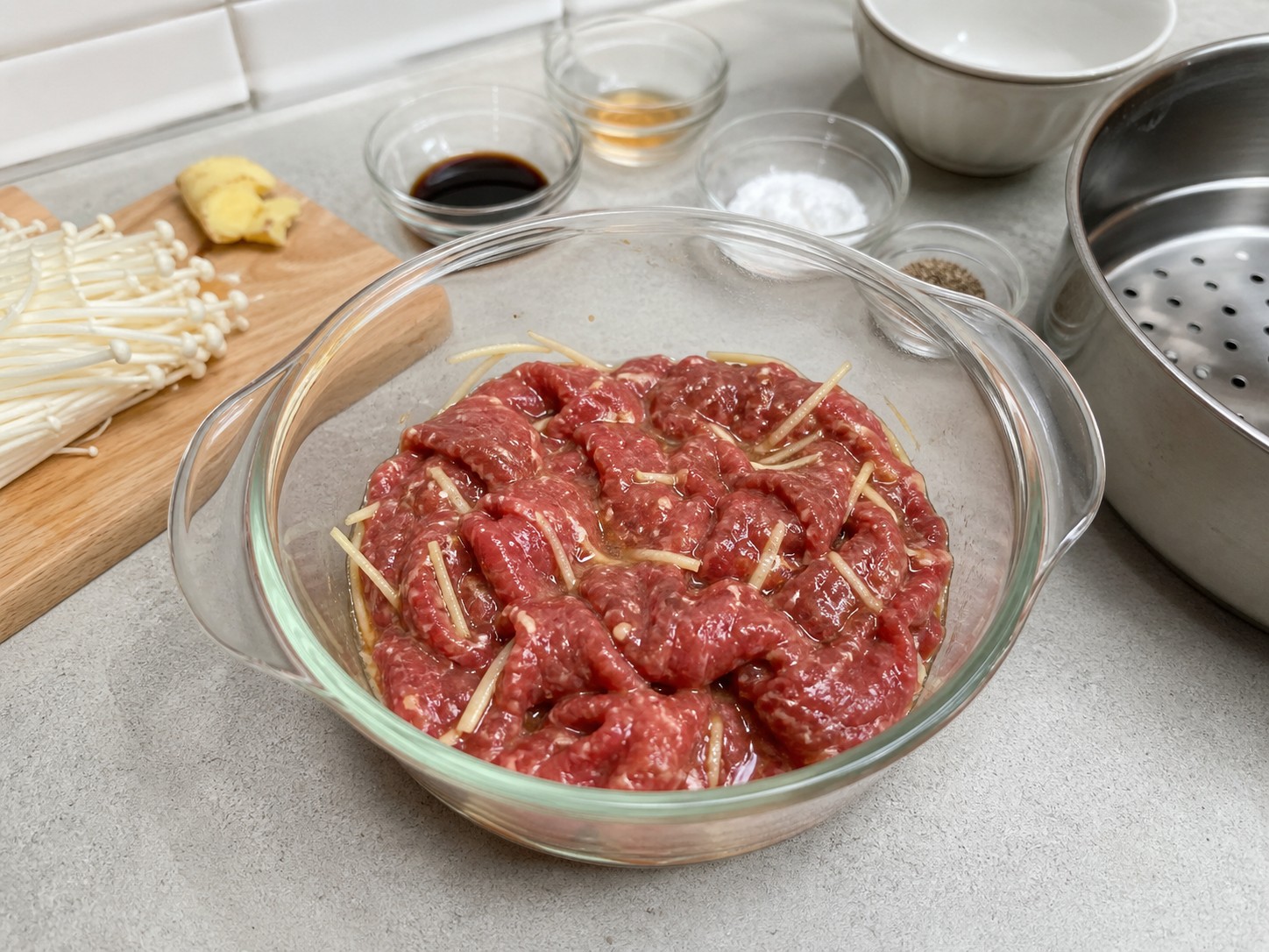 Steamed Beef with Enoki Mushrooms — Marinate the beef for 15 minutes