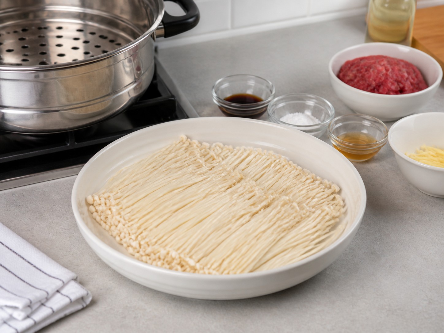 Steamed Beef with Enoki Mushrooms — Arrange the enoki